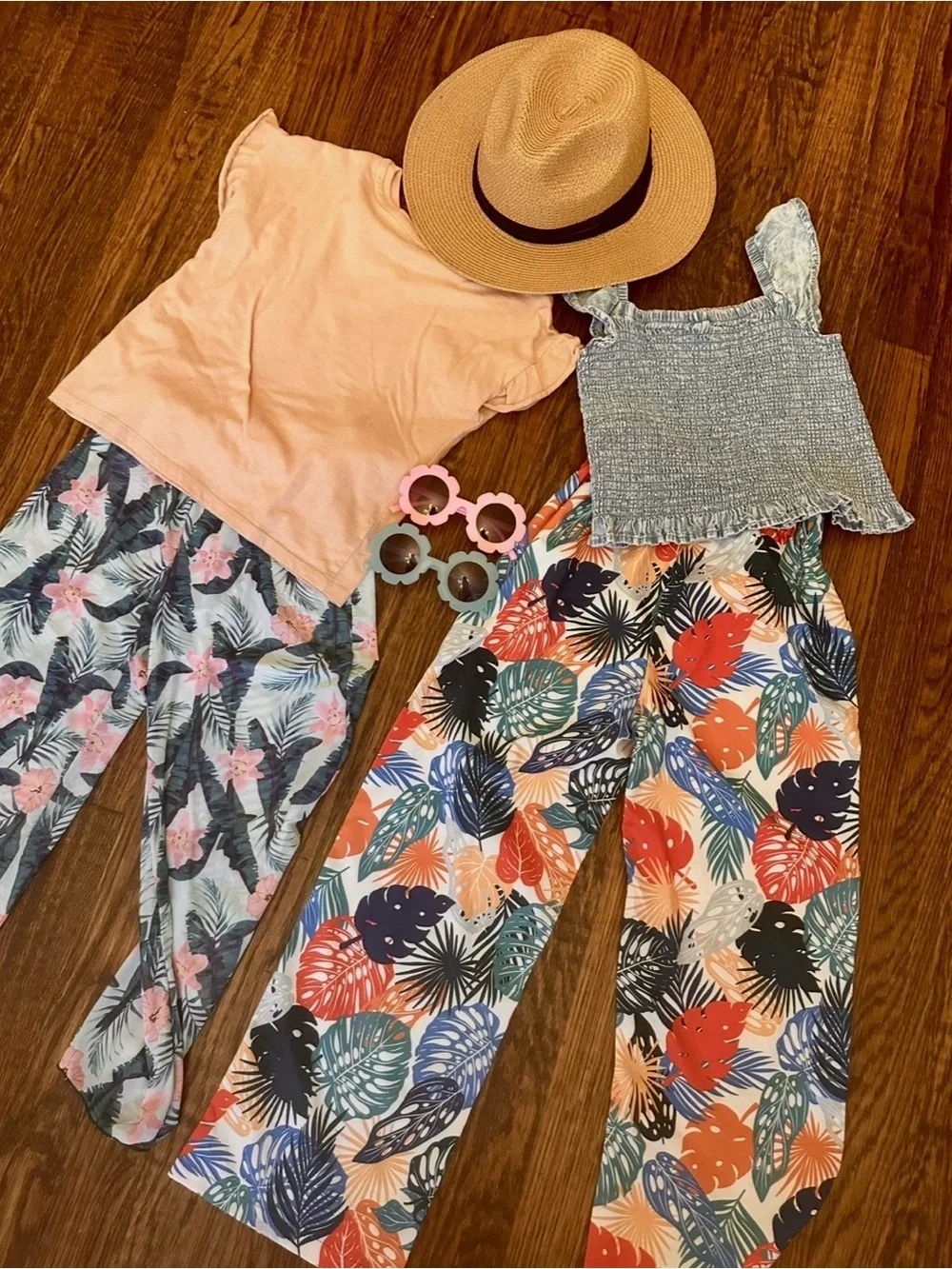 Girls Tropical Vacation Outfit Bundle Wide Leg Pants Tops